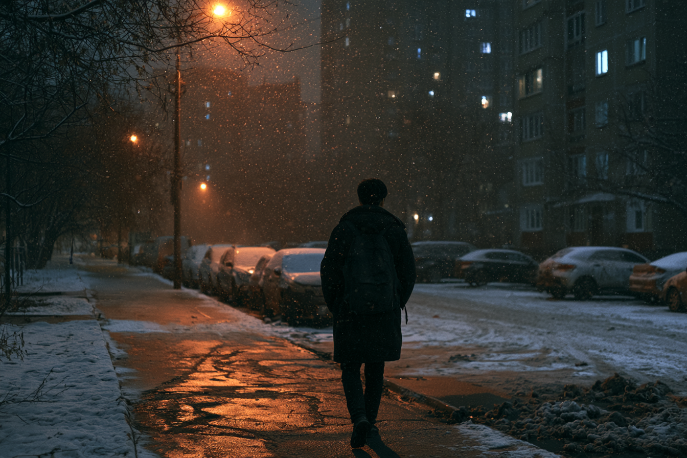 A person crossing a snowy residential street at night