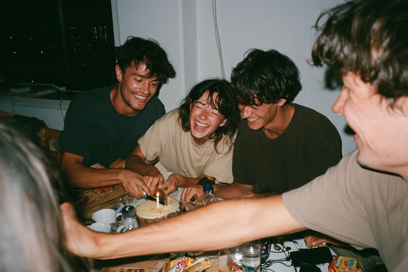 Friends gathered around a birthday cake