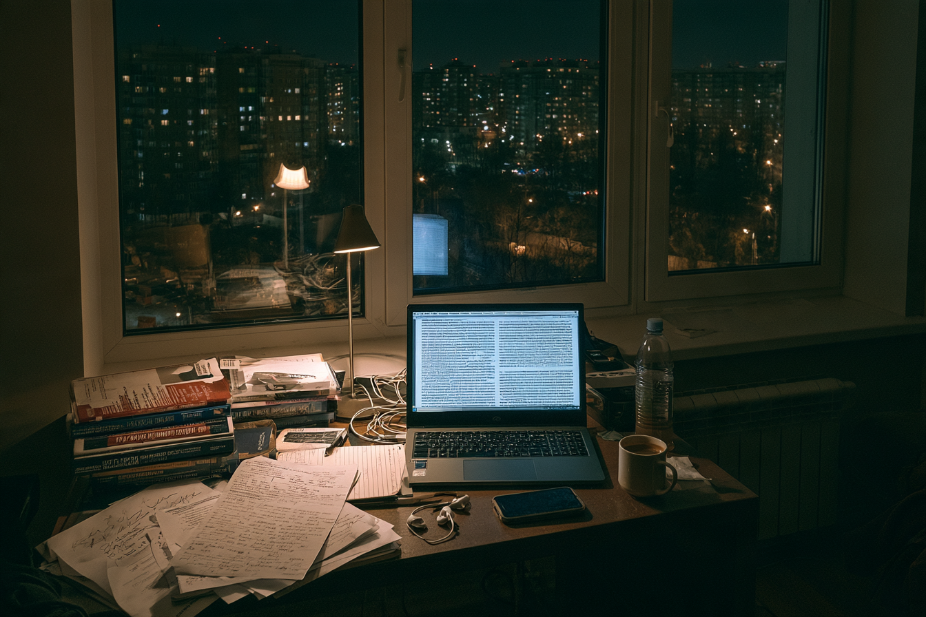 A thesis desk at night