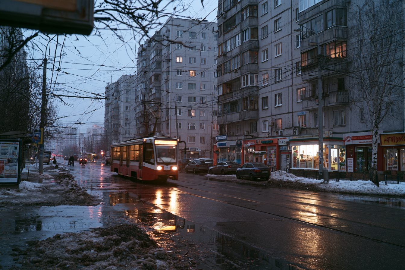 A tram moving along a wet street during the thaw