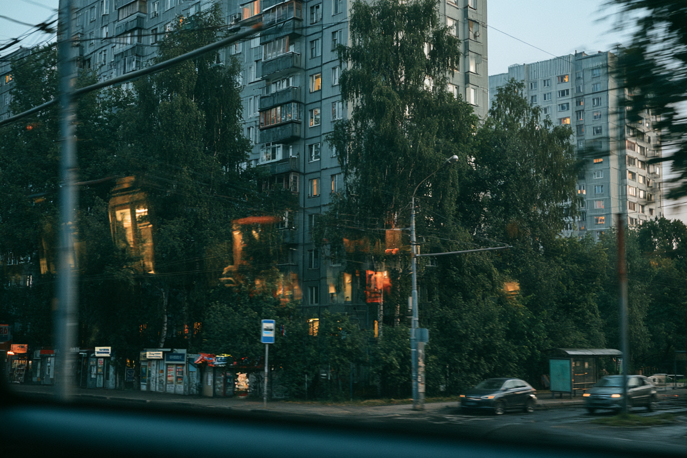 Residential Moscow passing a moving car window