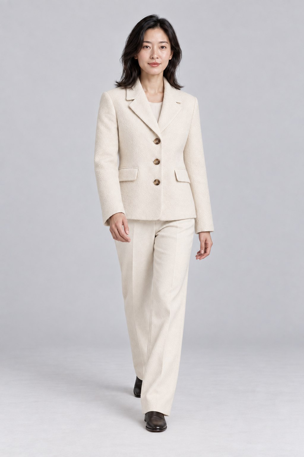Approved natural walking view of the same model and jacket