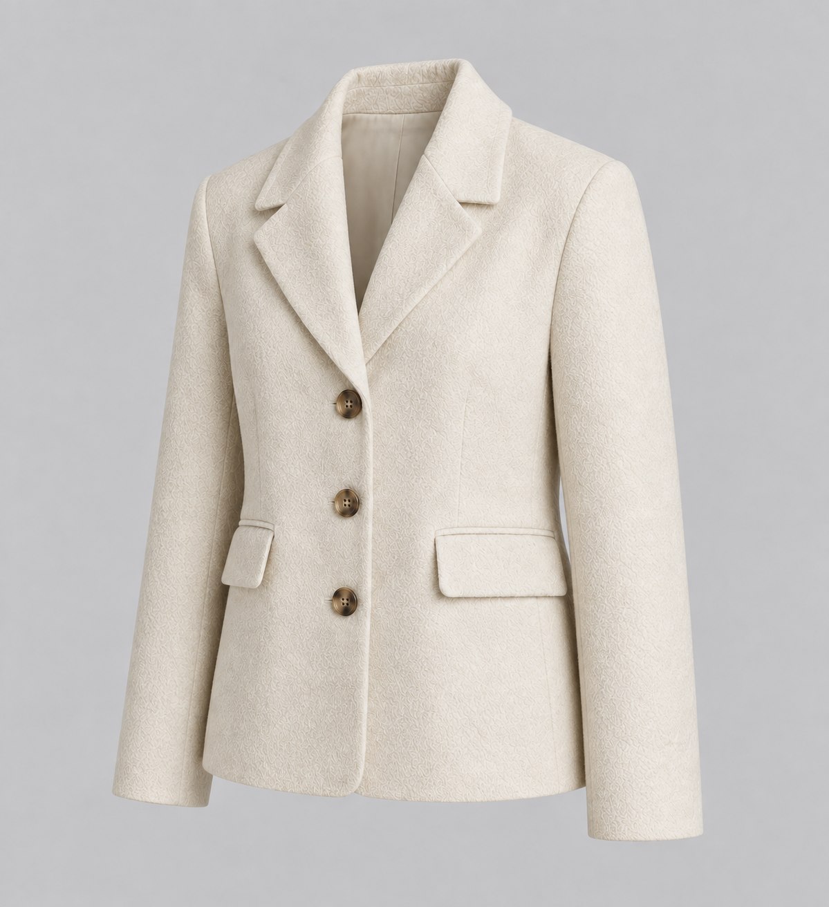 Approved three-quarter front view of cream short wool jacket