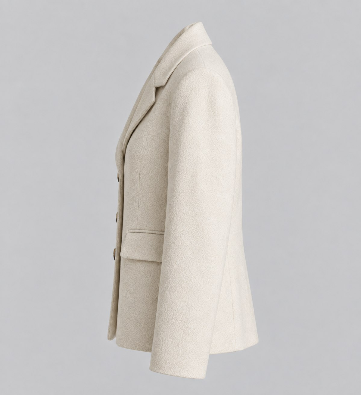 Approved left profile view of cream short wool jacket